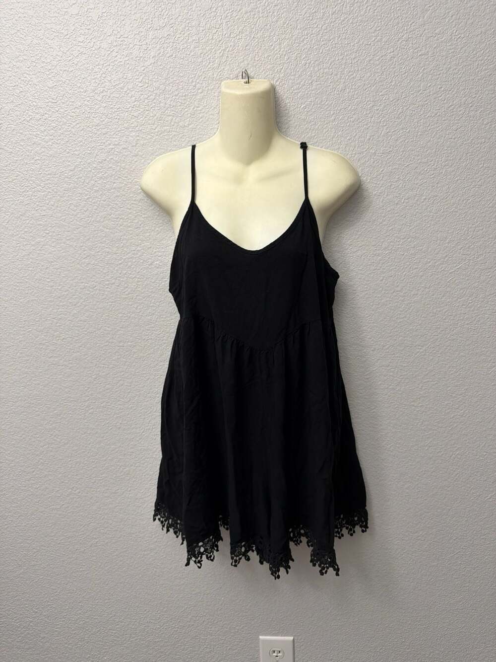 VOLCOM  Black Crochet Lace Hem Tank Strap Short SLIP Romper